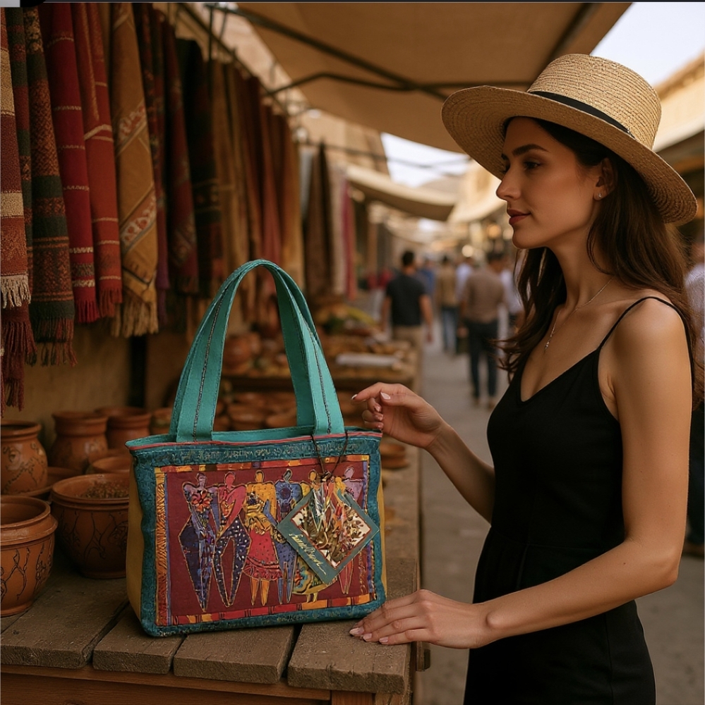Laurel Burch Colorful Join Hands Open Hearts Canvas Tote Bag